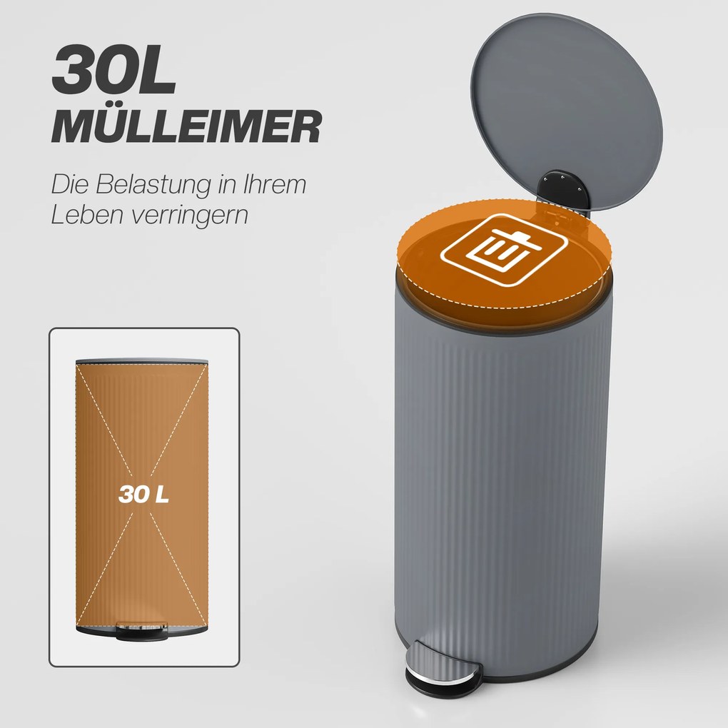 HOMCOM Kosz na śmieci 30 l z pedałem i miękką pokrywą, wkład metalowy, czarny, 36 x 30 x 60,5 cm