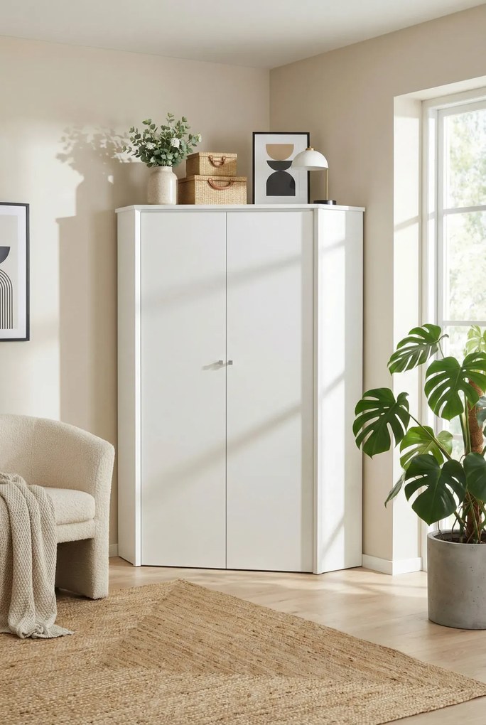 Biała szafa narożna z drążkiem i półkami E3-F44