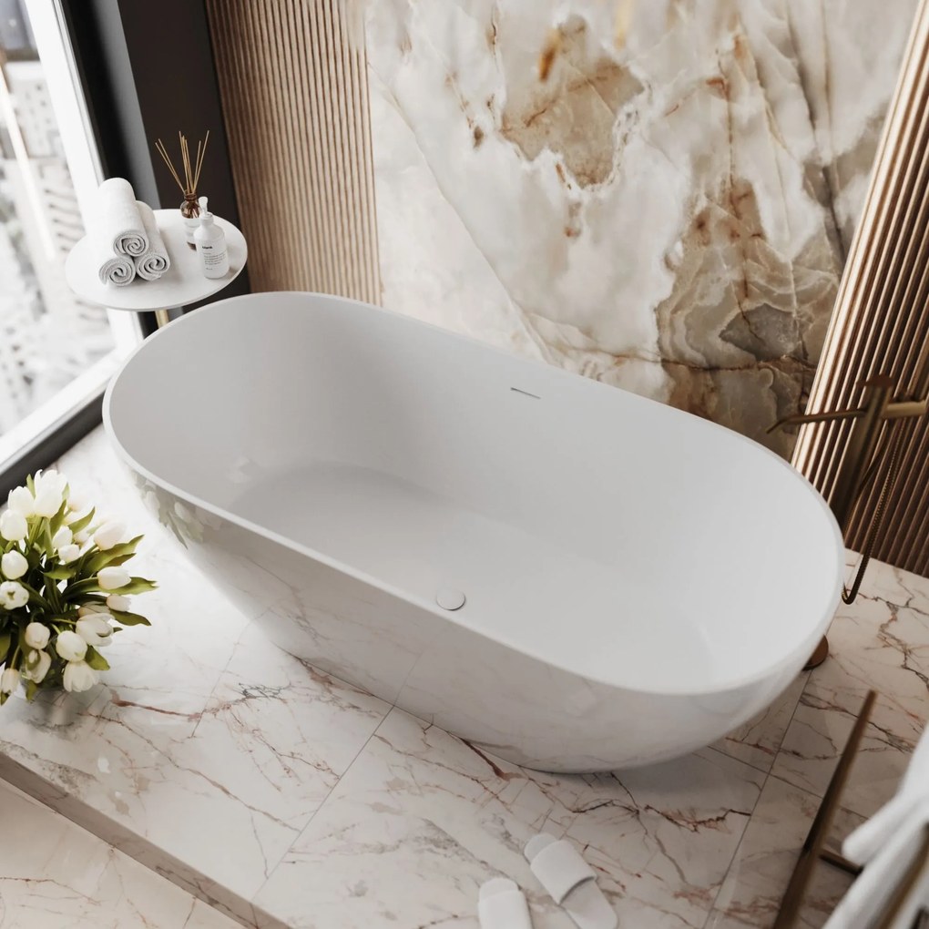 Wanna wolnostojąca owalna z konglomeratu 160 x 75 cm RONA White mat / połysk przelew typu SLIM cienki rant : Kolor wanny - Biały połysk