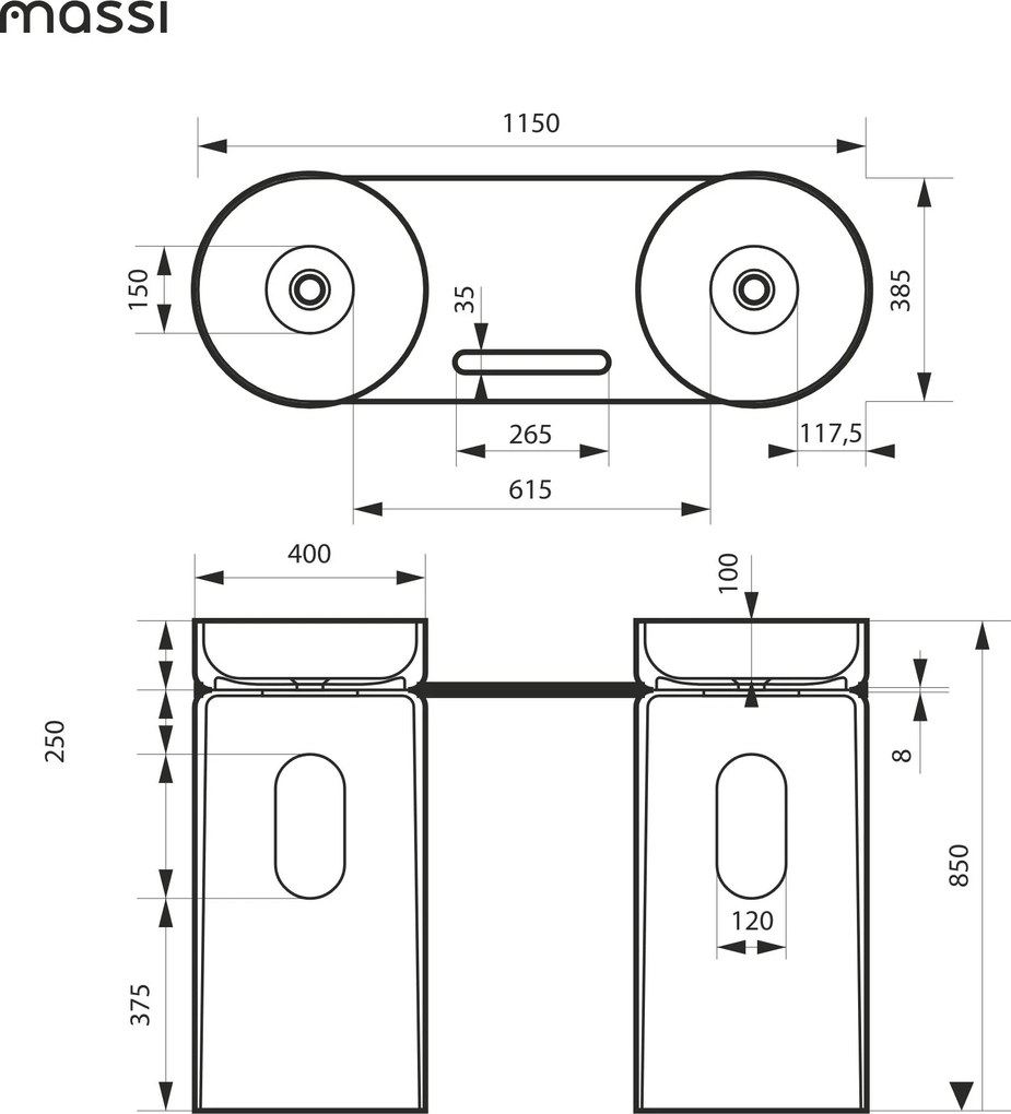 Dwie umywalki z konglomeratu wolnostojące 85 x 40 cm RONA połączone półką szklaną z otworem na ręcznik | Różne kolory półki : Kolor szklanej półki - Grafitowy, Kolor umywalki RONA - Beż matowy, Podłączenie syfonu - Do ściany