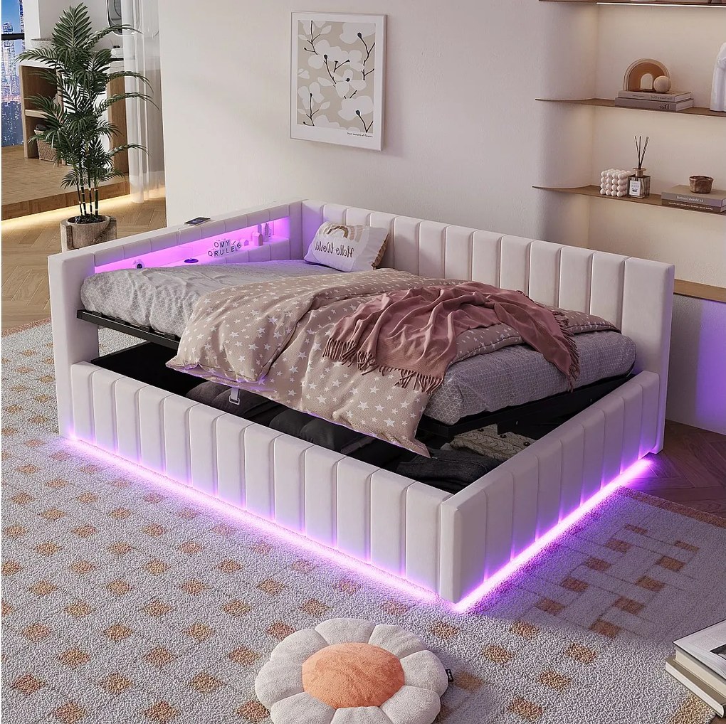 Sofa rozkładana 140x200 cm z pojemnikiem, oświetleniem LED i portem USB – beżowy aksamit (bez materaca)