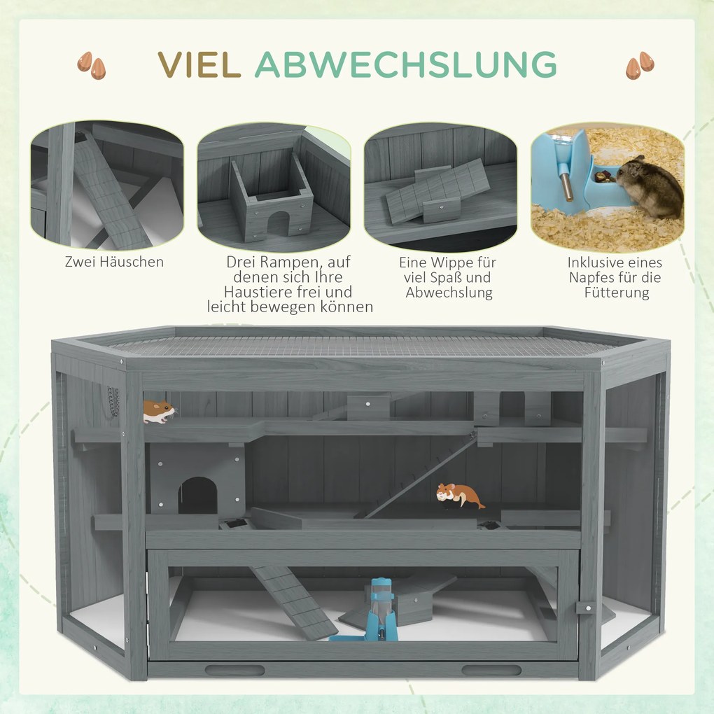 PawHut Klatka dla chomika, 3 poziomy, wyjmowana taca, Drewno/Metal, 115x60x55 cm