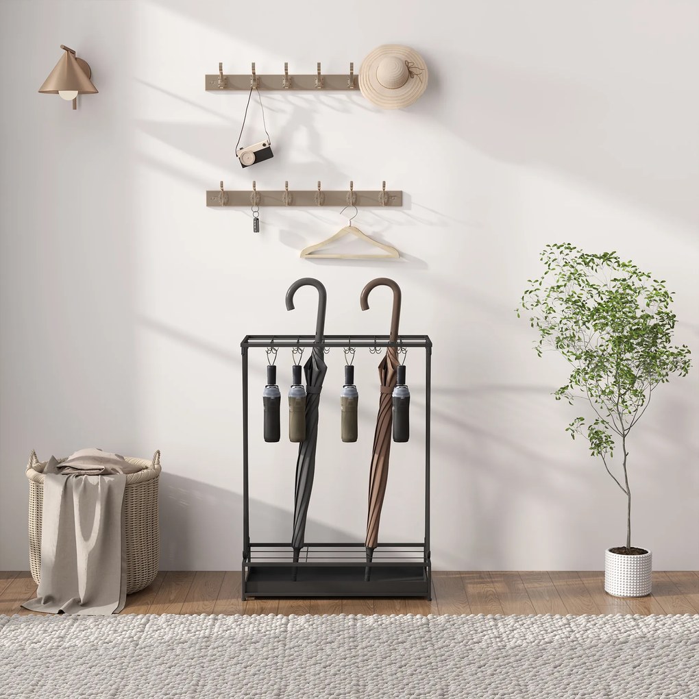 HOMCOM Stojak na parasole z wyjmowaną tacką ociekową, 21 otworów i 24 haczyki, Stal, Czarny