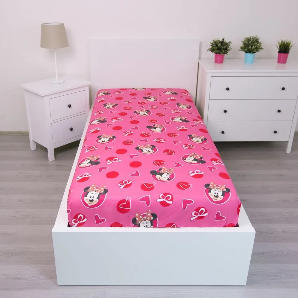 Różowe bawełniane prześcieradło dziecięce z gumką 90x200 cm Minnie "Hearts" – Jerry Fabrics