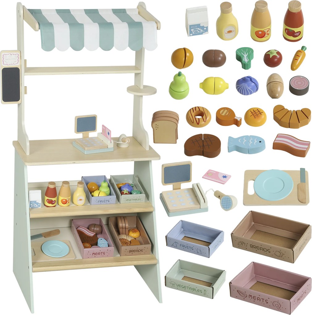 AIYAPLAY Stoisko supermarketowe dla dzieci, kasa do zabawy, 34 akcesoria, MDF, zielony
