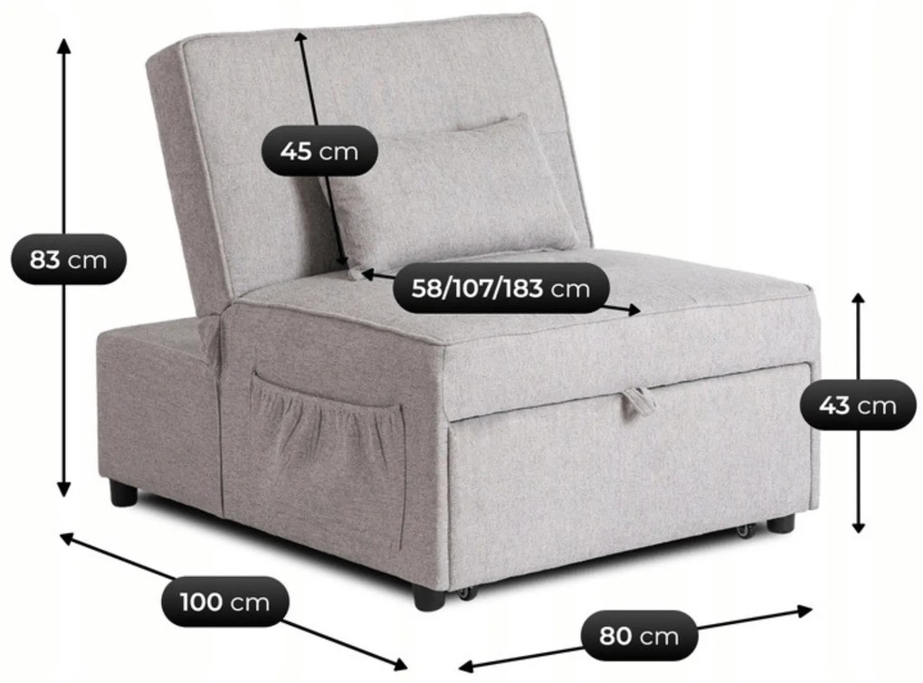 Fotel Wypoczynkowy Rozkładany IBERIS 80 cm Szary Tapicerowany Nowoczesny