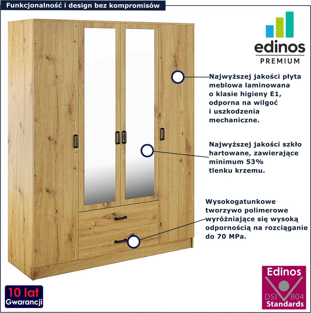 Czterodrzwiowa szafa z lustrem w kolorze dąb artisan E6-C39