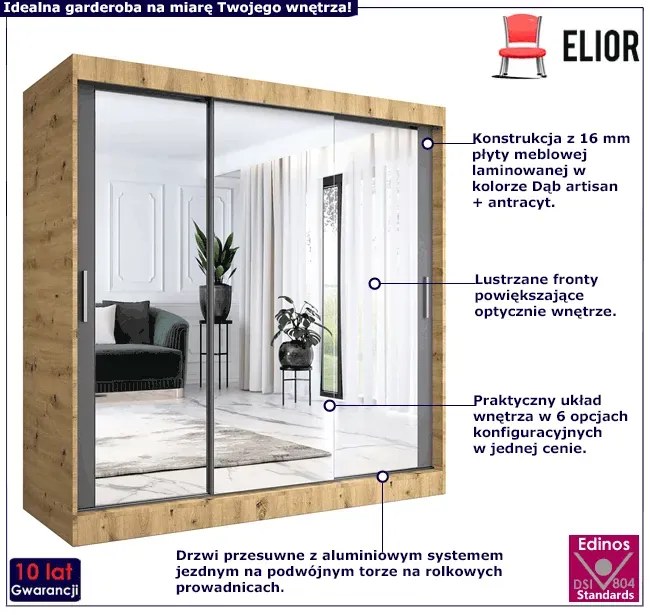 Szafa przesuwna z lustrem dąb artisan + antracyt 200 cm - Kukkin 6X