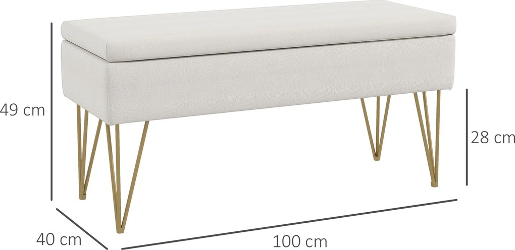 HOMCOM Ławka do Sypialni z Miejscem do Przechowywania, Gruba Wyściółka, Oddychająca Tkanina, Metalowe Nogi, 100x40x49 cm, Kremowa