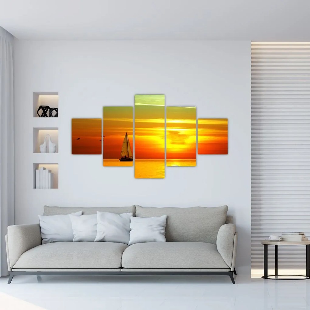 Obraz zachodu słońca z jachtem (125x70 cm)