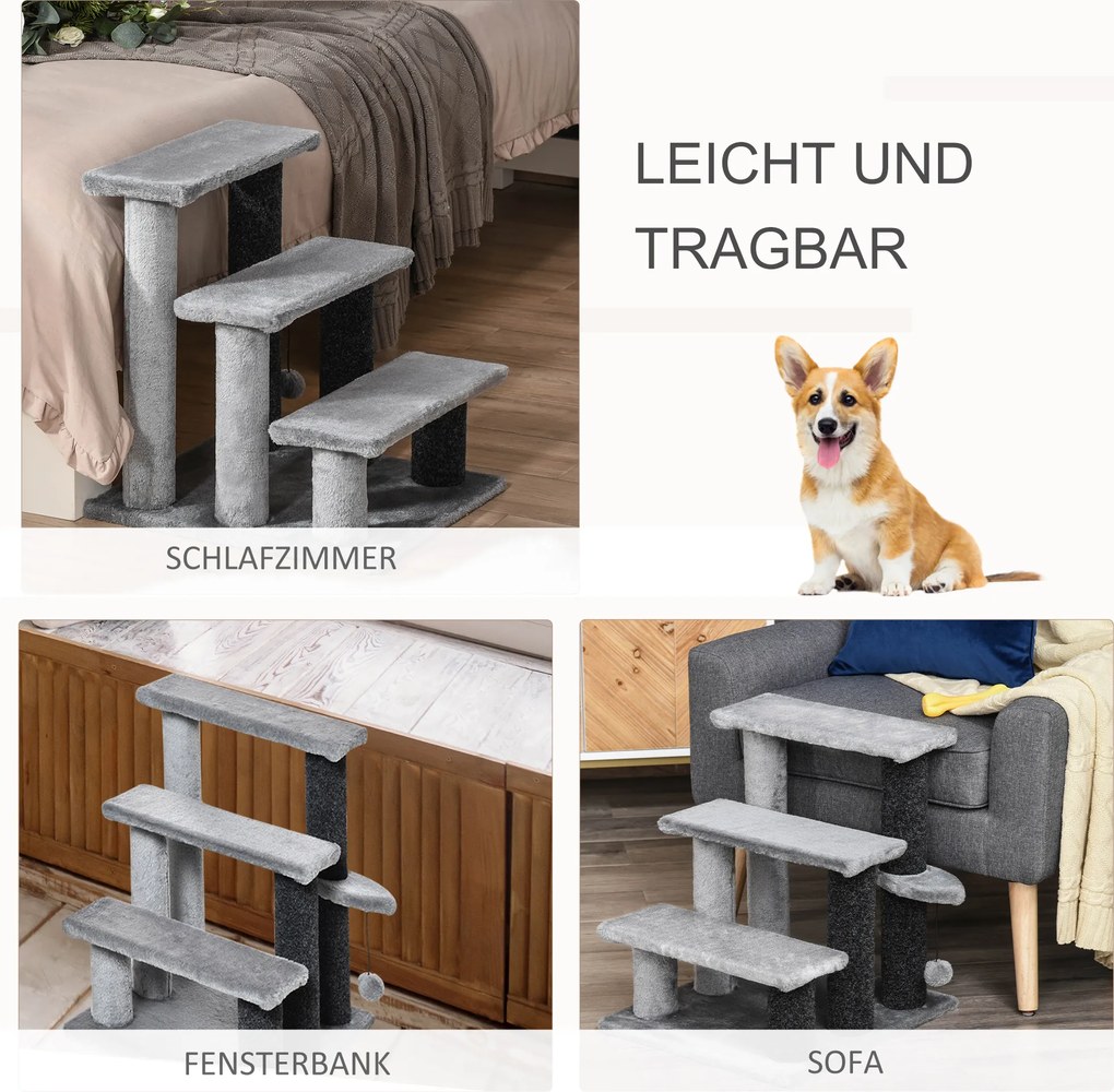 PawHut Drabinka dla Kota 3-stopniowa z Kratzami i Piłką, Drabinka dla Zwierząt dla Kotów do 5 kg Plusz Juta Szary 45 x 40 x 48 cm