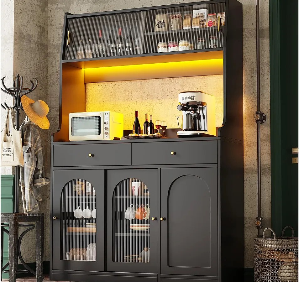 Buffet kuchenny 120×40×180 cm - z oświetleniem LED - 2 szuflady i 5 drzwi - regulowane półki - czarny