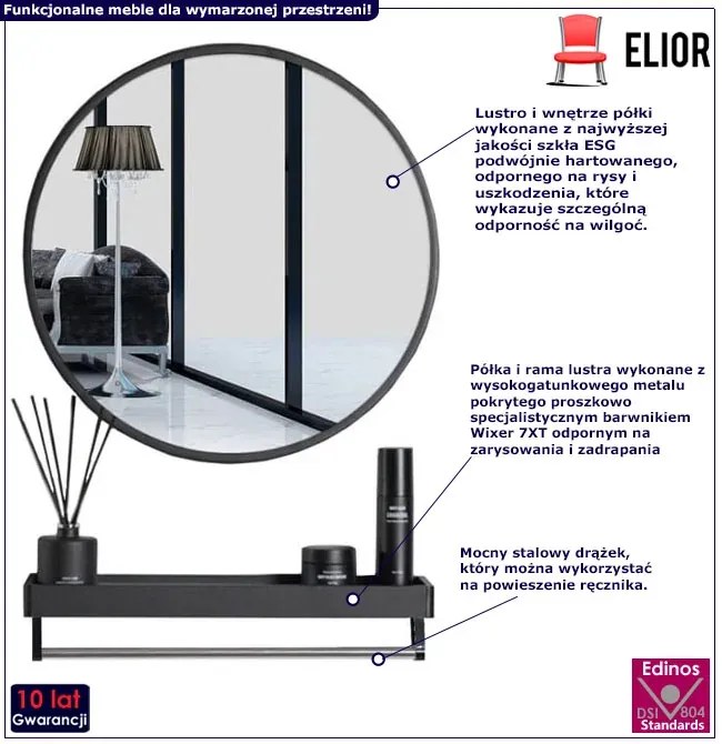 Czarne okrągłe lustro 80 cm z półką do łazienki - Traves