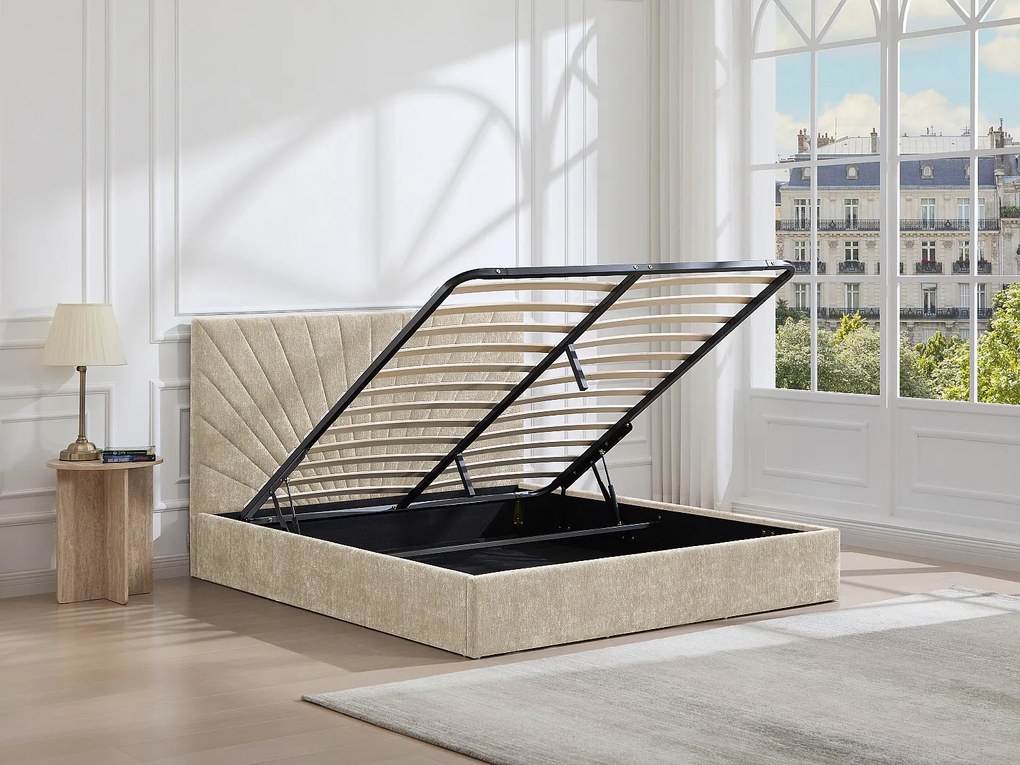 Łóżko ze skrzynią  140 x 190 cm - Tkanina teksturowana - Beżowy + Materac - RIBIOLA