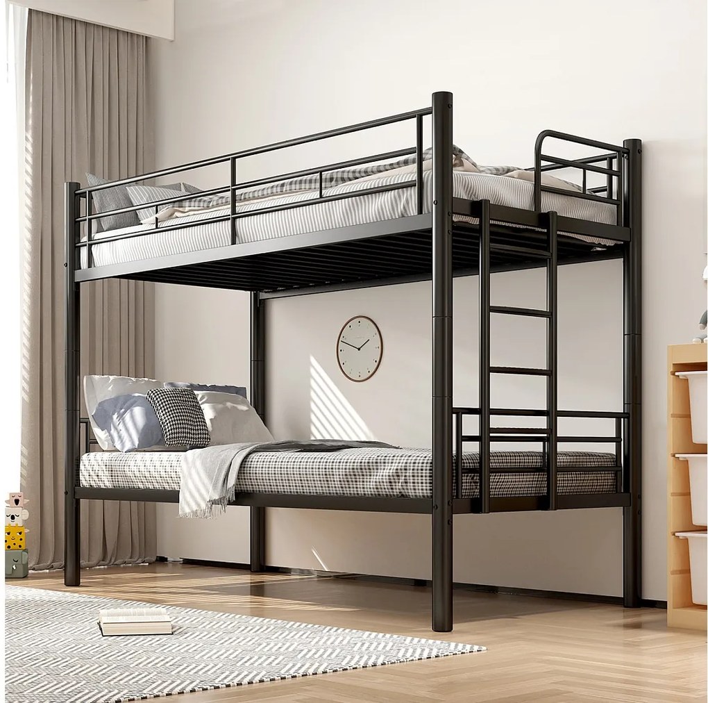 Łóżko piętrowe 90x200 cm - z barierkami i schodkami - czarny metal