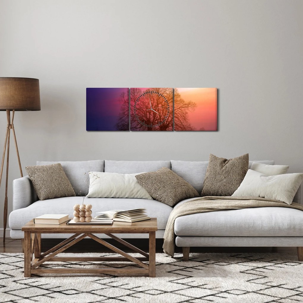 Obraz drzew we mgle (z zegarem) (90x30 cm)