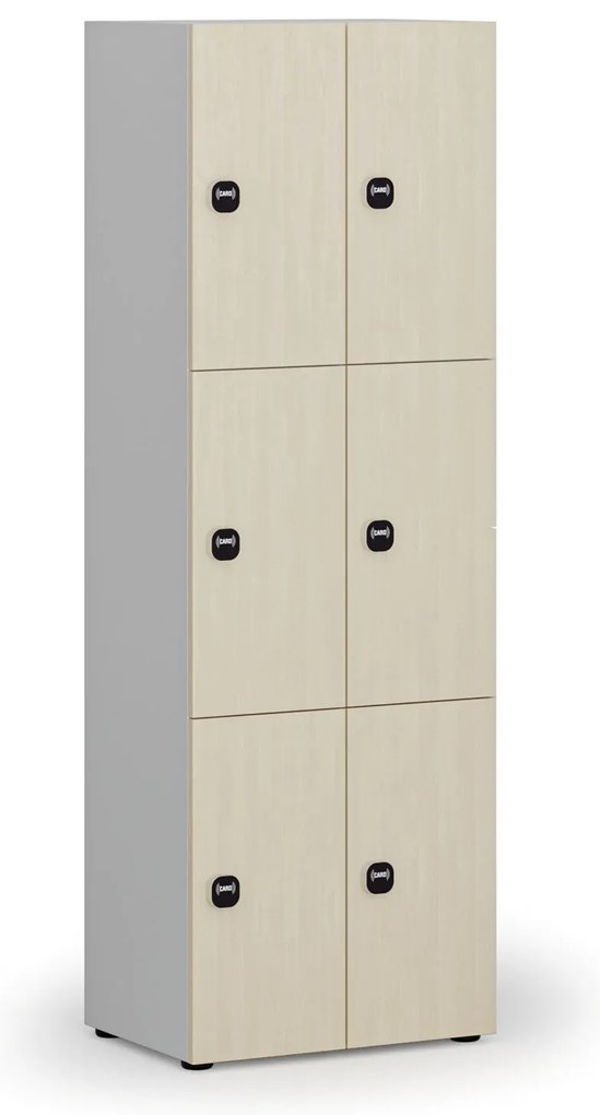 Drewniana szafka skrytkowa, 6 schowków, zamek RFID, szary/brzoza