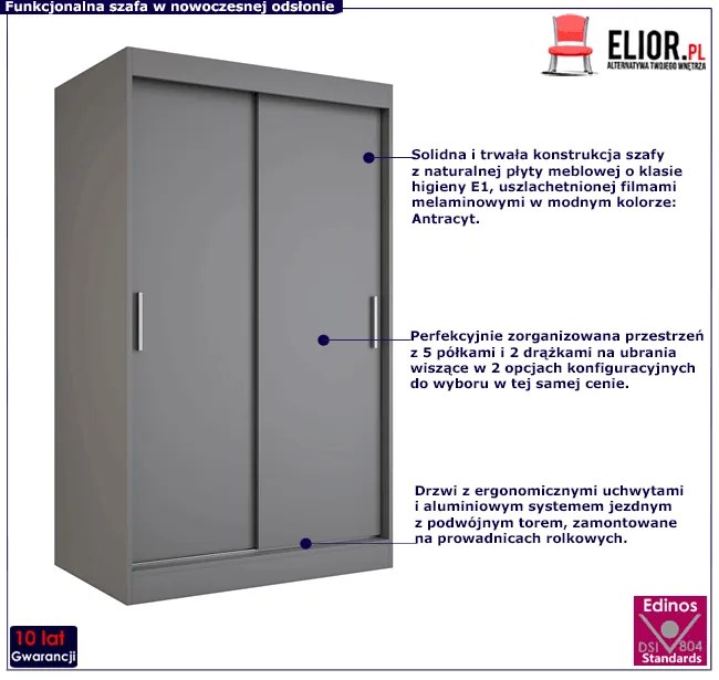 Antracytowa szafa przesuwna 120 cm - Erco 3X