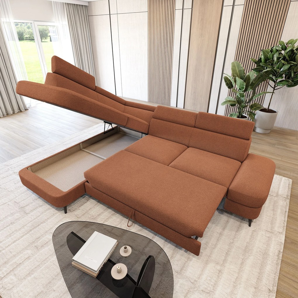 Masseno Narożnik AVISE z funkcją spania i pojemnikiem na pościel Narozniki L, Rozkładana sofa - Miedziany, QUELLE 54