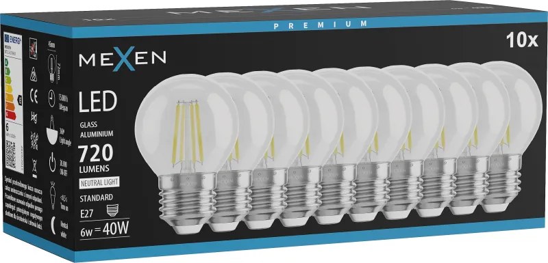 Mexen Vintis 10x żarówka filament LED E27, G45, 6W, Neutralna - 4000K, 720 lm, clear - L156-E27-0627-00x10