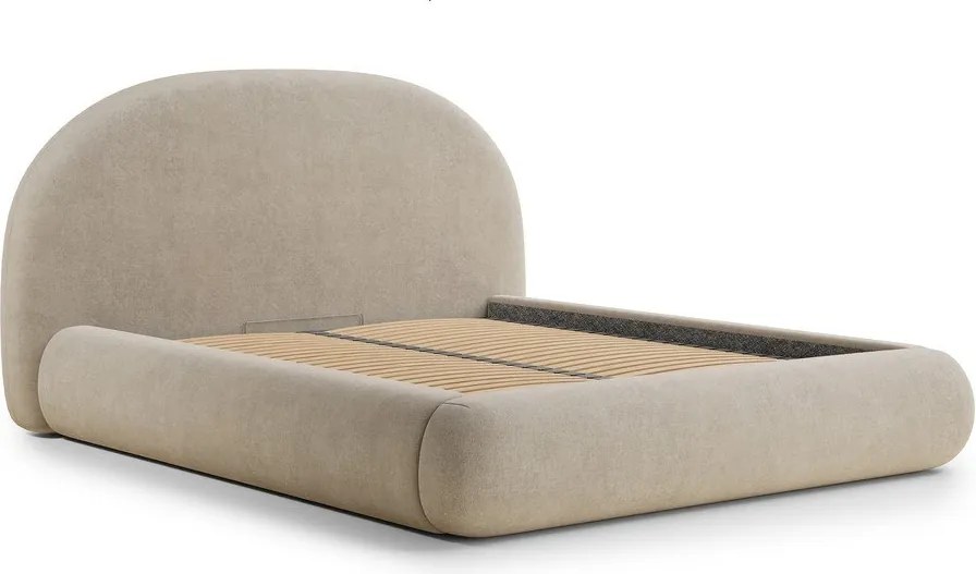 Beżowe tapicerowane łóżko dwuosobowe ze schowkiem i stelażem 160x200 cm Maumere – Maison de Rêve