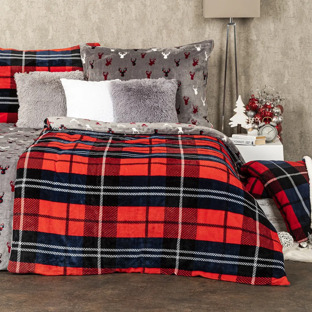 4Home Pościel mikroflanela Krata czerwony, 140 x 200 cm, 70 x 90 cm