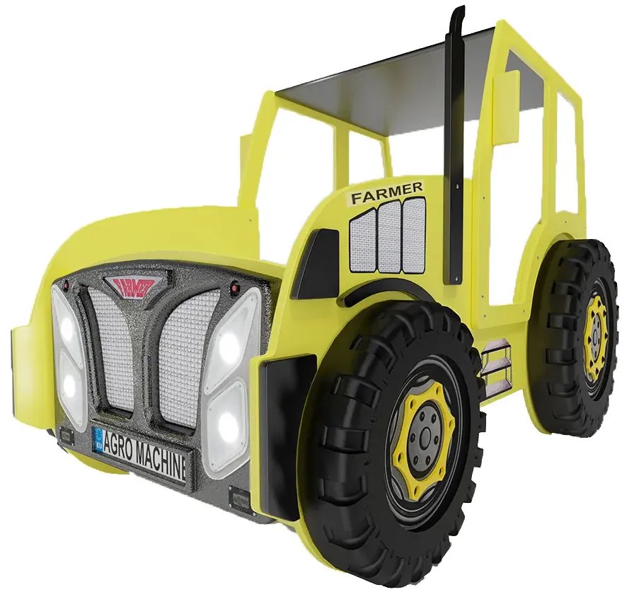 Żółte łóżko traktor dla dziecka z materacem N3-Z19