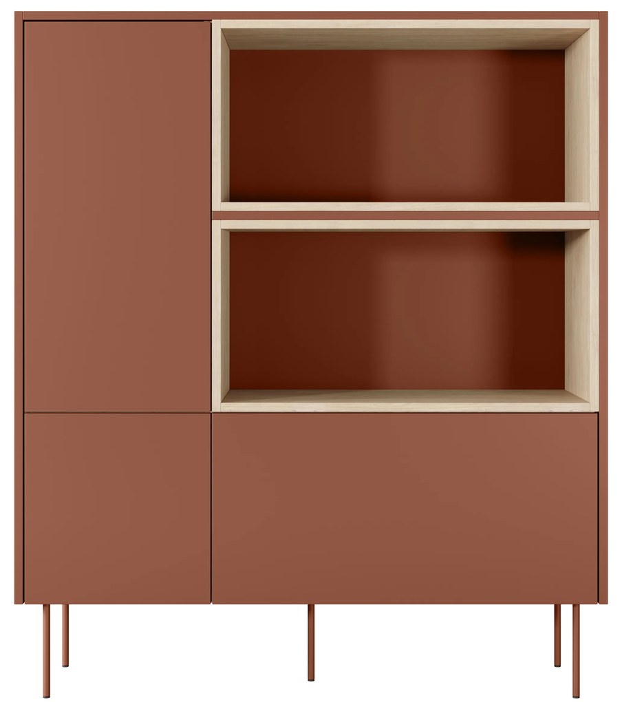 Komoda wysoka Desin 120 cm z wnękami, szufladą i metalowymi nogami - czerwony / ceramic red / dąb nagano