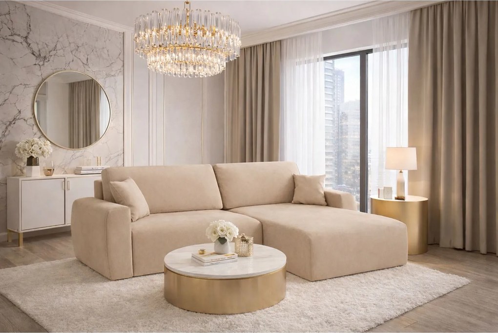 Narożnik z funkcją spania i pojemnikiem Ariel XL, tkanina szenilowa Artico, Beżowy, Prawy