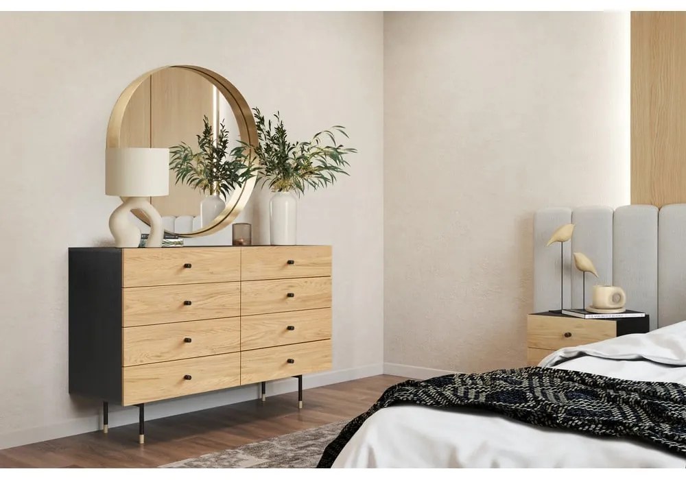 Czarno-naturalna niska komoda w dekorze dębu 130x87 cm Jugend – Woodman