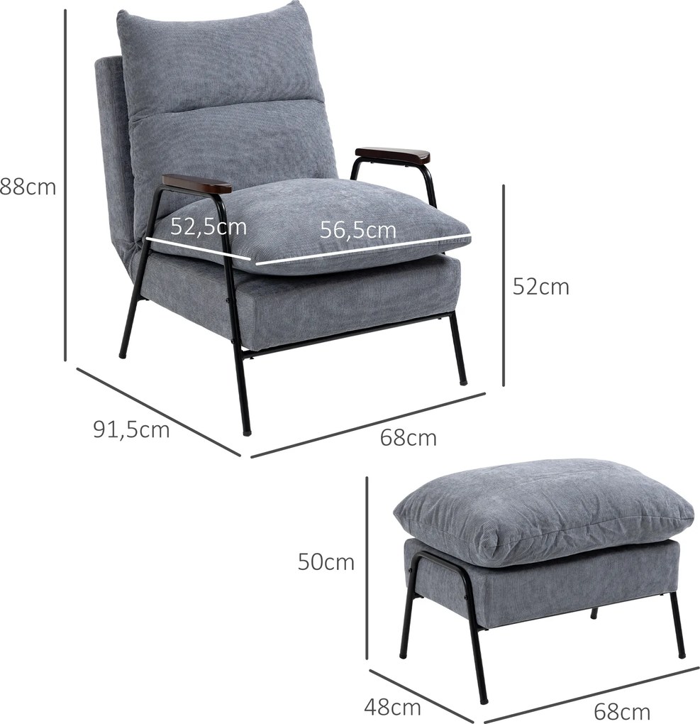 HOMCOM Fotel z Ottomaną Tapicerowany Fotel Relaksacyjny, w zestawie Poduszka, 68 cm x 91,5 cm x 88 cm, Jasnoszary