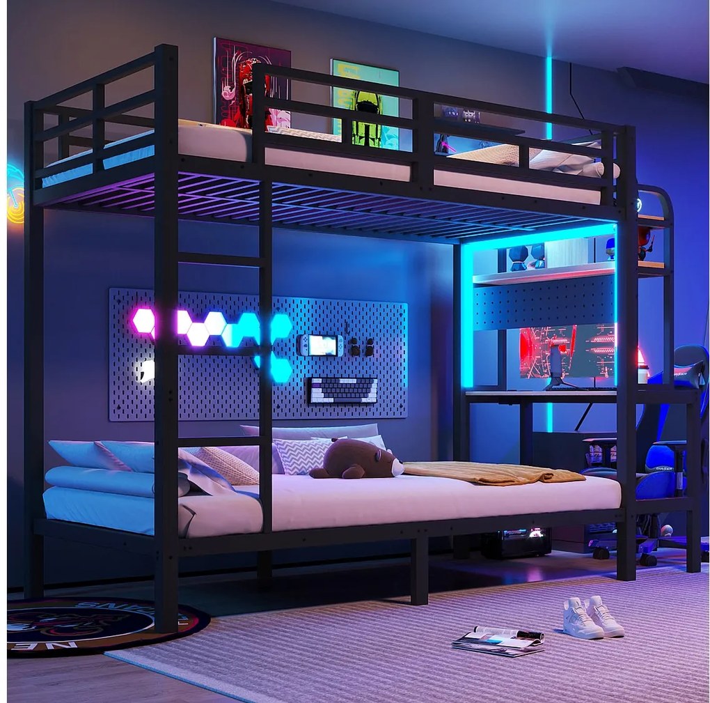 Łóżko piętrowe 90 x 200 cm - Konstrukcja żelazna - Schowki - Biurko - Oświetlenie LED - Port USB - Czarny (materac nie w zestawie)