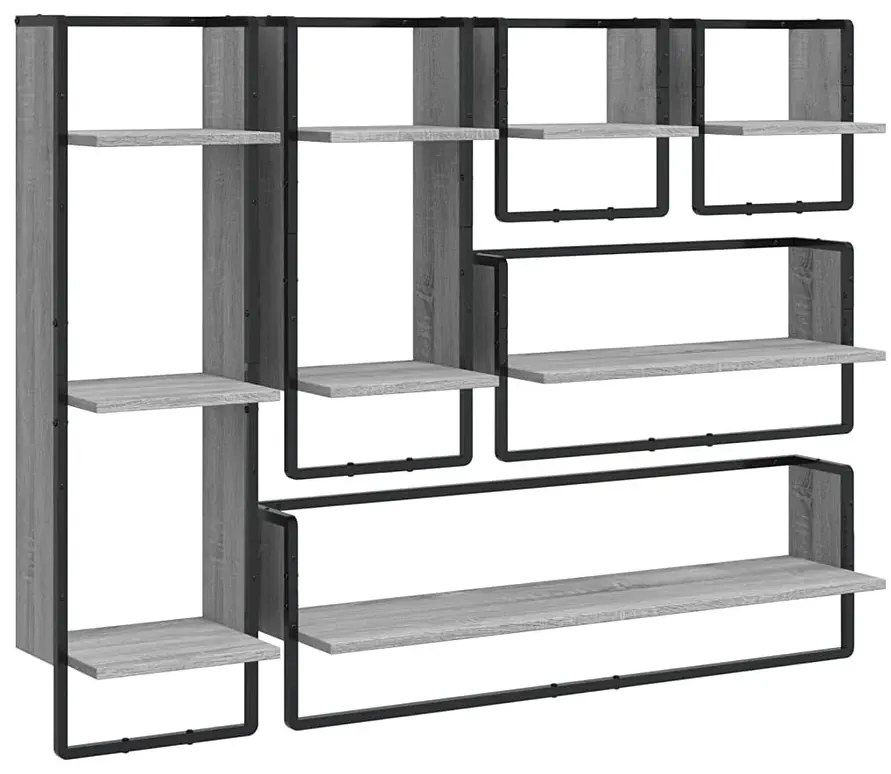 6 półek ściennych z metalowym stelażem szary dąb W6-R22