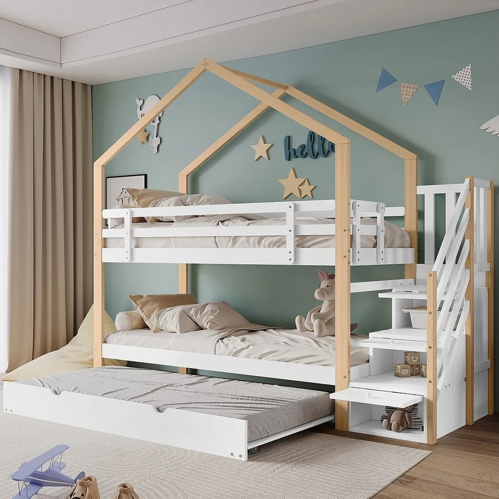 Triple Bunk Beds - 2 x 90 x 200 cm - z przesuwnym łóżkiem nóg 90 x 190 cm - 3 szuflady - białe i naturalne