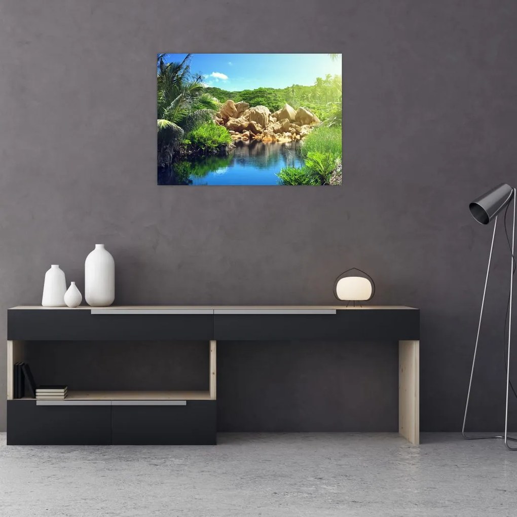 Obraz na szkle - jezioro w dżungli Seszeli (70x50 cm)