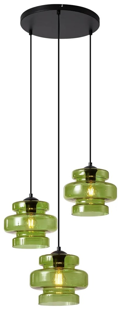 Retro Lampa Wisząca Czarna z Zielonym Szkłem 3-punktowa - Denise Retro Oswietlenie wewnetrzne