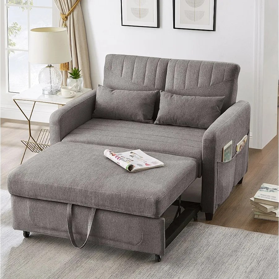 Szara sofa 2-osobowa - Sofa wypoczynkowa z funkcją rozkładania i dwiema poduszkami - Regulowane oparcie - Tkanina bawełniana i lniana