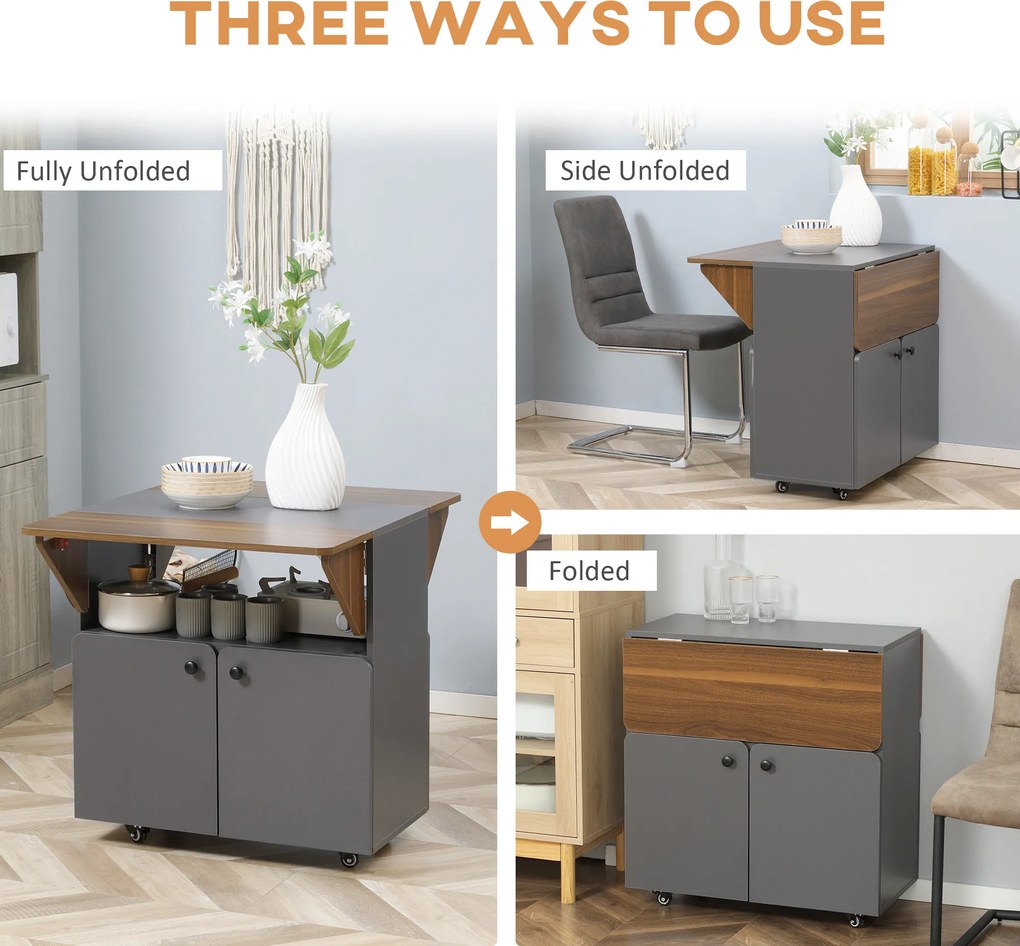 HOMCOM Składany Stół z Wózkiem, z dwoma składanymi bokami, przegródka, 4 kółka, Jasnoszary + Ciemnobrązowy, 70 x 83 x 75 cm
