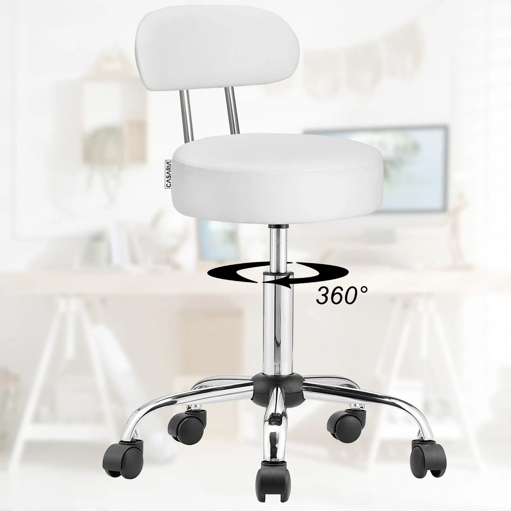 Taboretka na kółkach z oparciem ROLAND, Ø35cm, biała Casaria