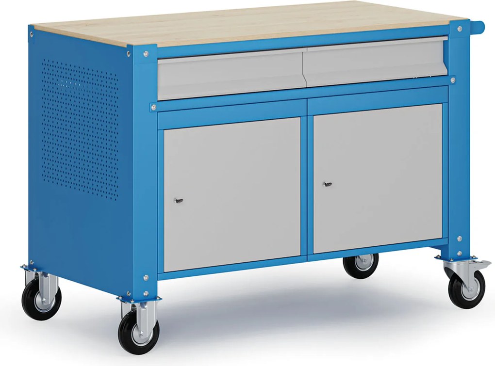 Mobilny stół warsztatowy G9, 2 szafki, 2 szuflady, 1180 x 595 x 865-1130 mm, szary/niebieski