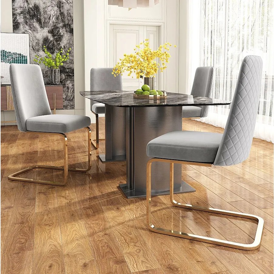 Zestaw 4 luksusowych krzeseł welurowych do salonu - 64,14 x 63,5 x 47,63 cm - oparcie w kształcie diamentu - złote metalowe nogi - szary