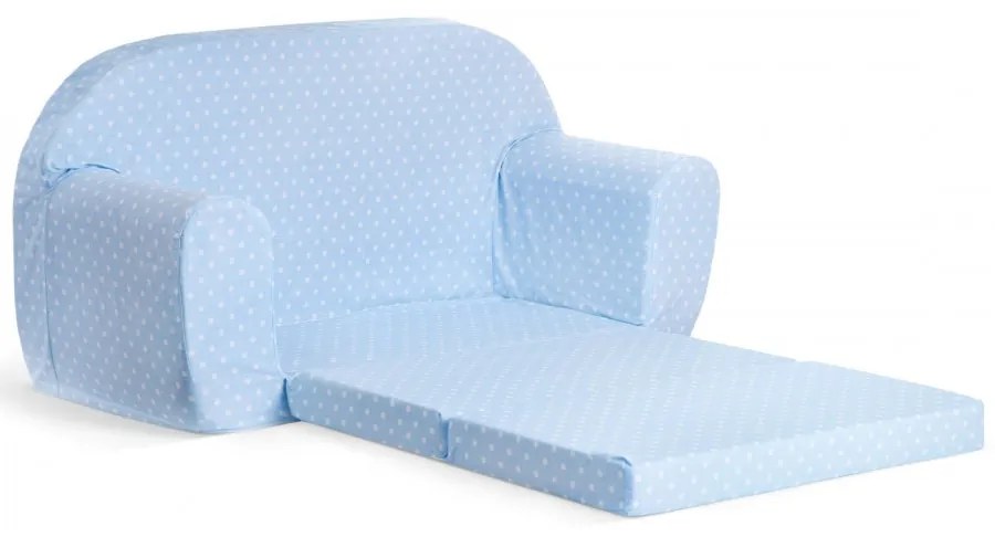 Mini sofka dla dzieci, piankowa 77x35cm rozkładana - błękitny w białe kropki