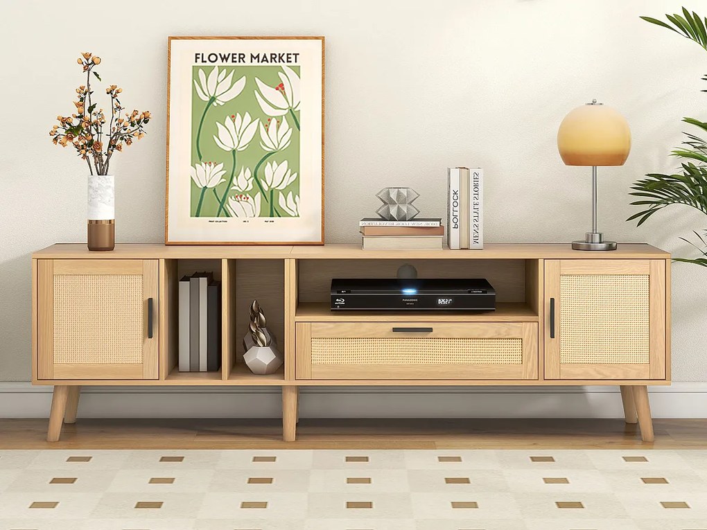 Szafka RTV, 180 cm Ława RTV z 2 drzwiami i szufladą, Do telewizorów do 80", Drewno lite, Dąb