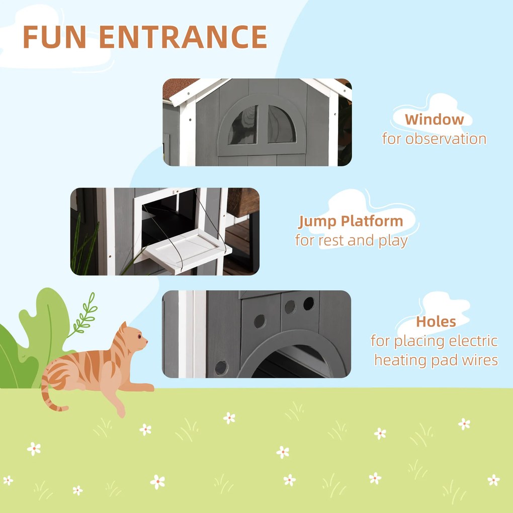 Pawhut® domek budka dla kota 2-piętrowa willa dach asfaltowy lite drewno szary 59 x 55 x 109 cm