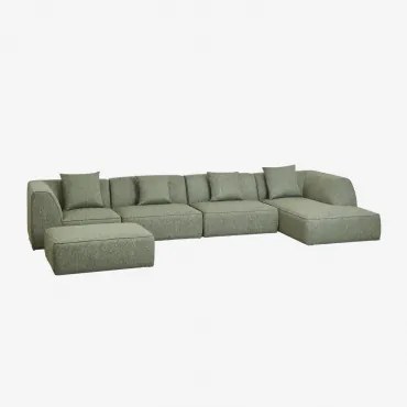 Sofa Modułowa 4-częściowa Prawa Z Leżanką I Tapicerowanym Pufem Cardea Bouclé Salvia Zieleń - Sklum