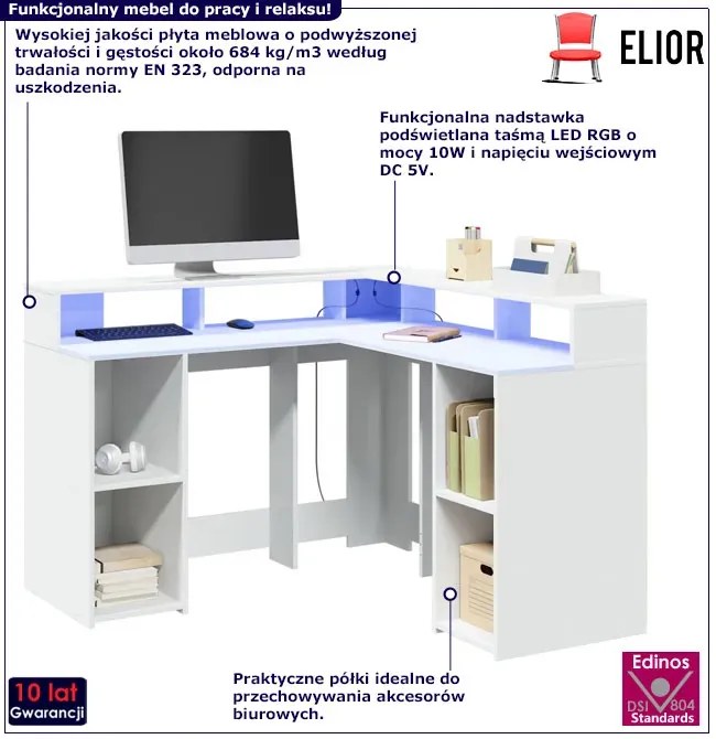 Białe narożne biurko z podświetleniem LED - Relond