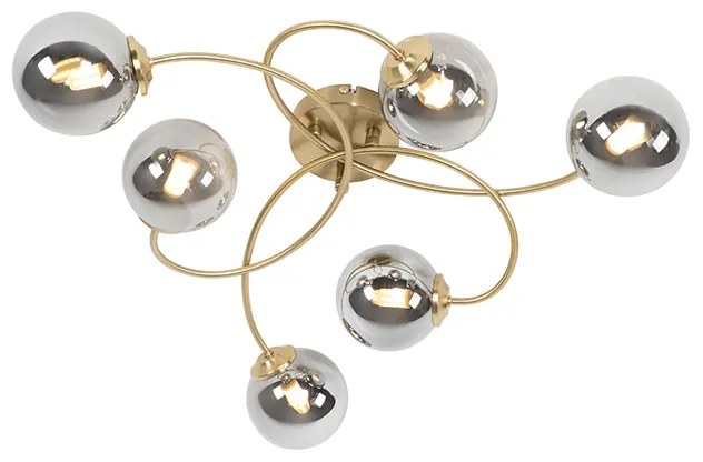 Plafon art deco złoty 6-źródeł światła z przydymionym szkłem - Athens