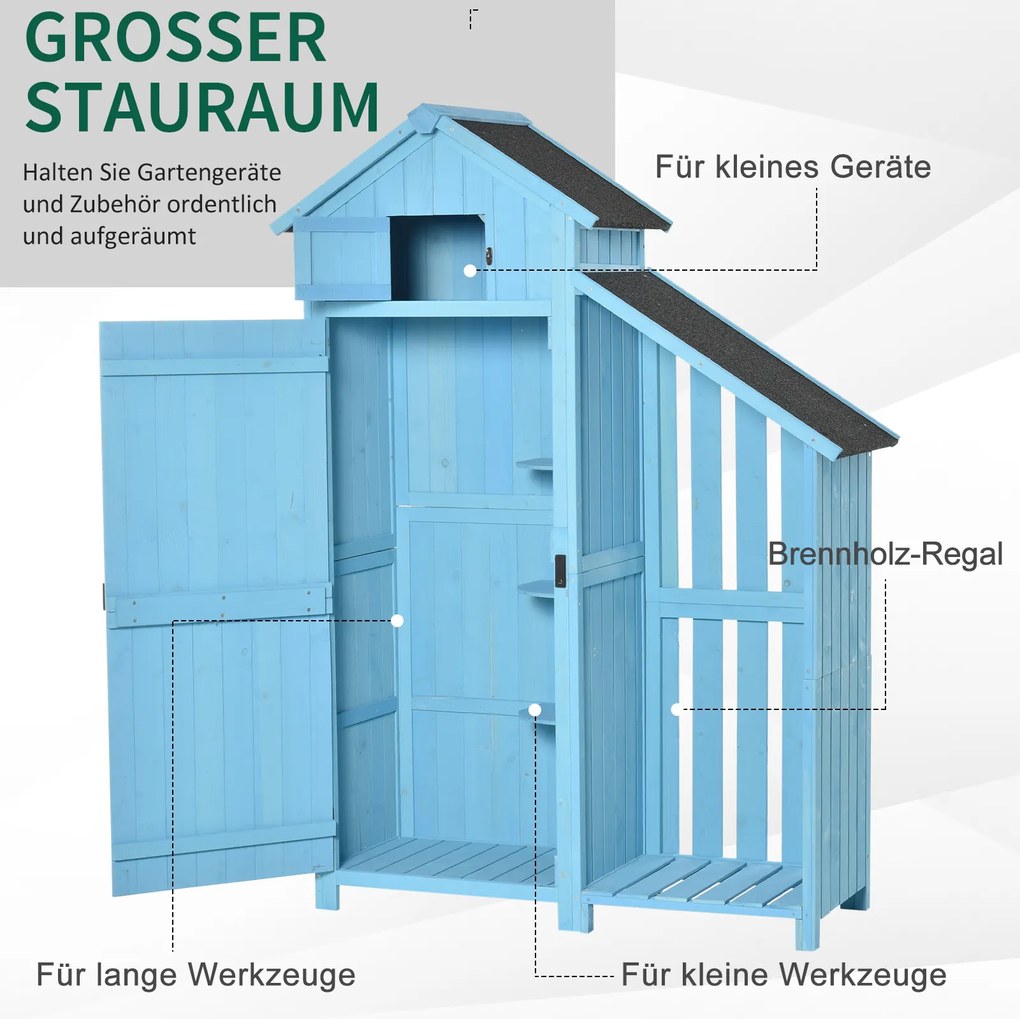 Przestronny Szop Ogrodowy Outsunny z Miejscem na Drewno i Półkami, Błękit Nieba