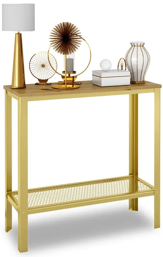 Minimalistyczna konsola z półką złoty + dąb artisan E7-S33