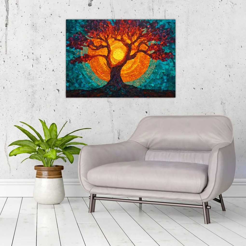 Obraz - Drzewo życia i słońce w mozaice (70x50 cm)